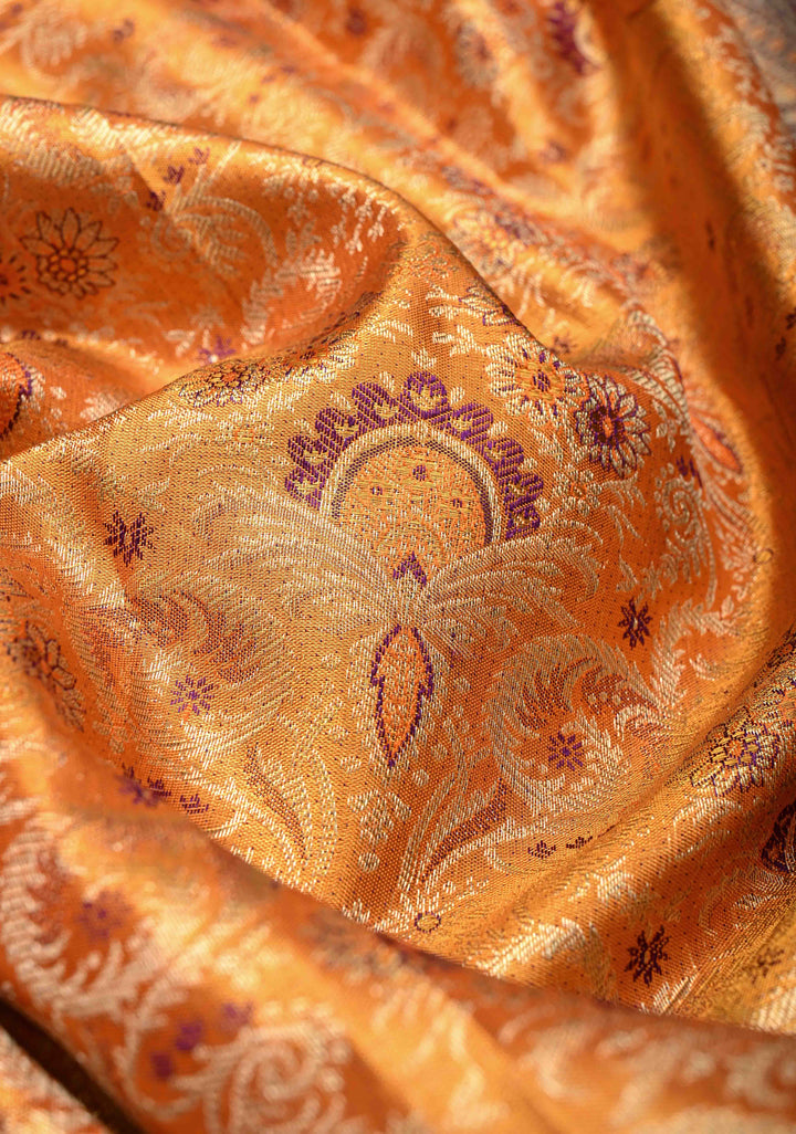 Orange Tissue  Kanjivaram Pure Silk Saree with Meenakari Floral Brocade and Contrast Zari Border | SILK MARK CERTIFIED