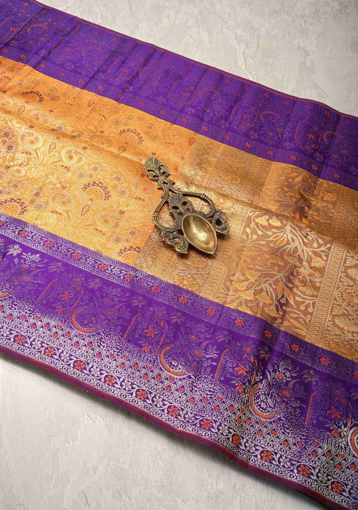 Orange Tissue  Kanjivaram Pure Silk Saree with Meenakari Floral Brocade and Contrast Zari Border | SILK MARK CERTIFIED