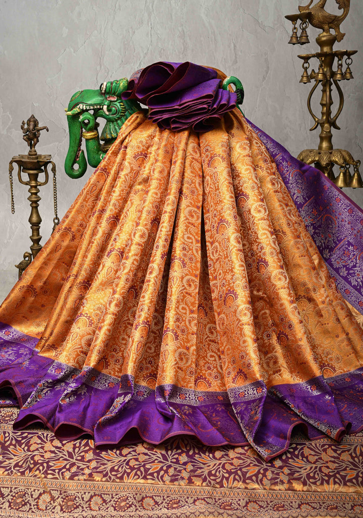 Orange Tissue  Kanjivaram Pure Silk Saree with Meenakari Floral Brocade and Contrast Zari Border | SILK MARK CERTIFIED
