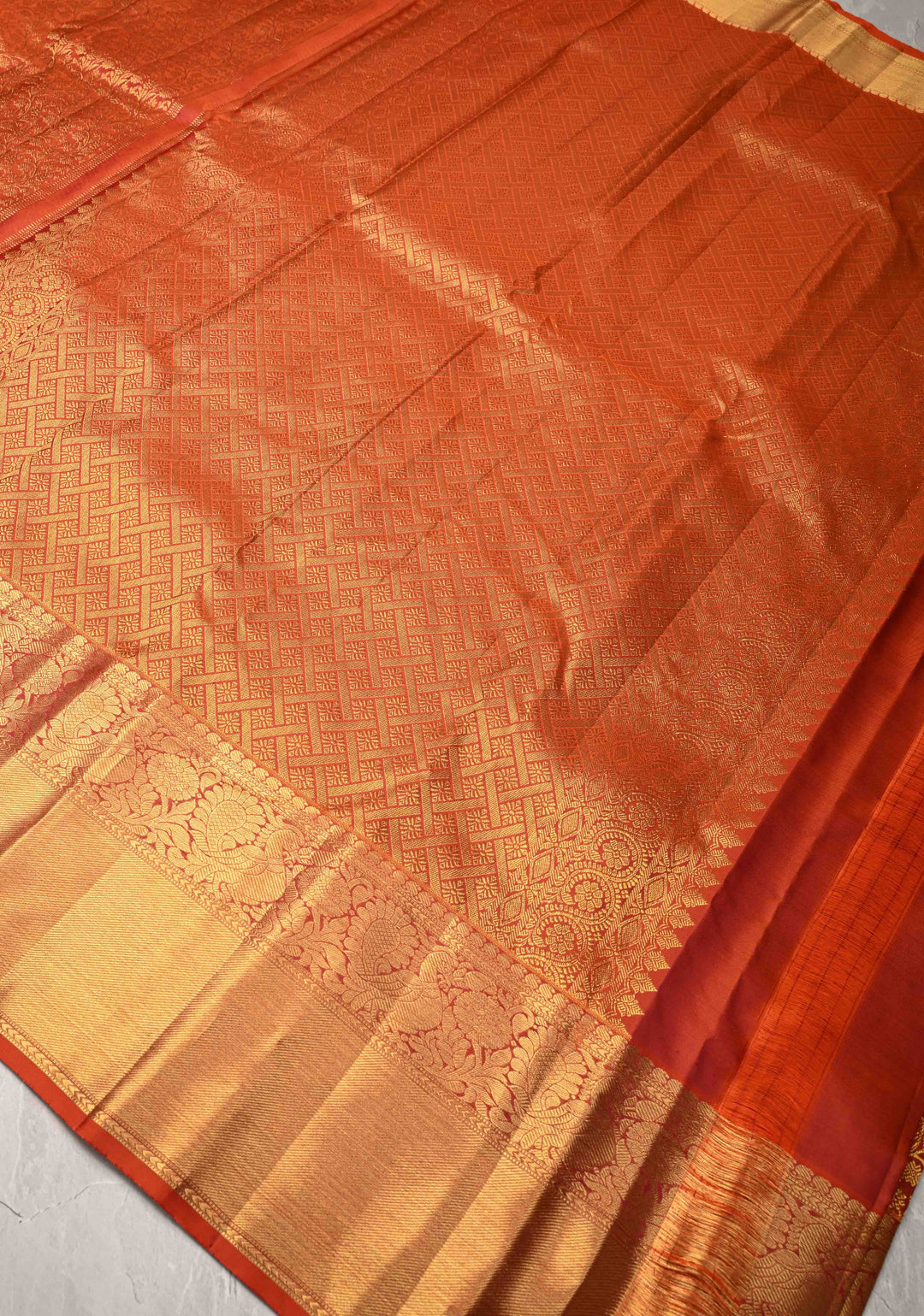 Burnt Orange Kanjivaram Floral Brocade Pure Silk Saree with Zari Border | SILK MARK CERTIFIED