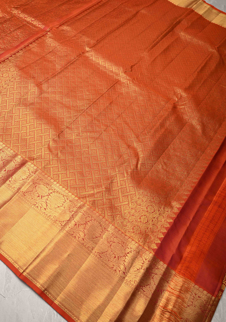 Burnt Orange Kanjivaram Floral Brocade Pure Silk Saree with Zari Border | SILK MARK CERTIFIED