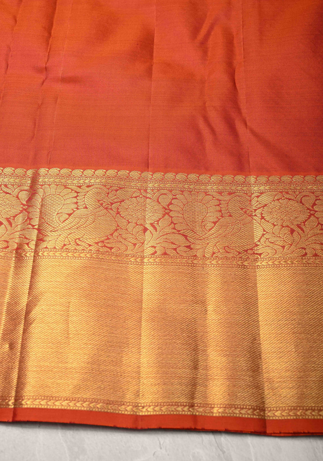 Burnt Orange Kanjivaram Floral Brocade Pure Silk Saree with Zari Border | SILK MARK CERTIFIED