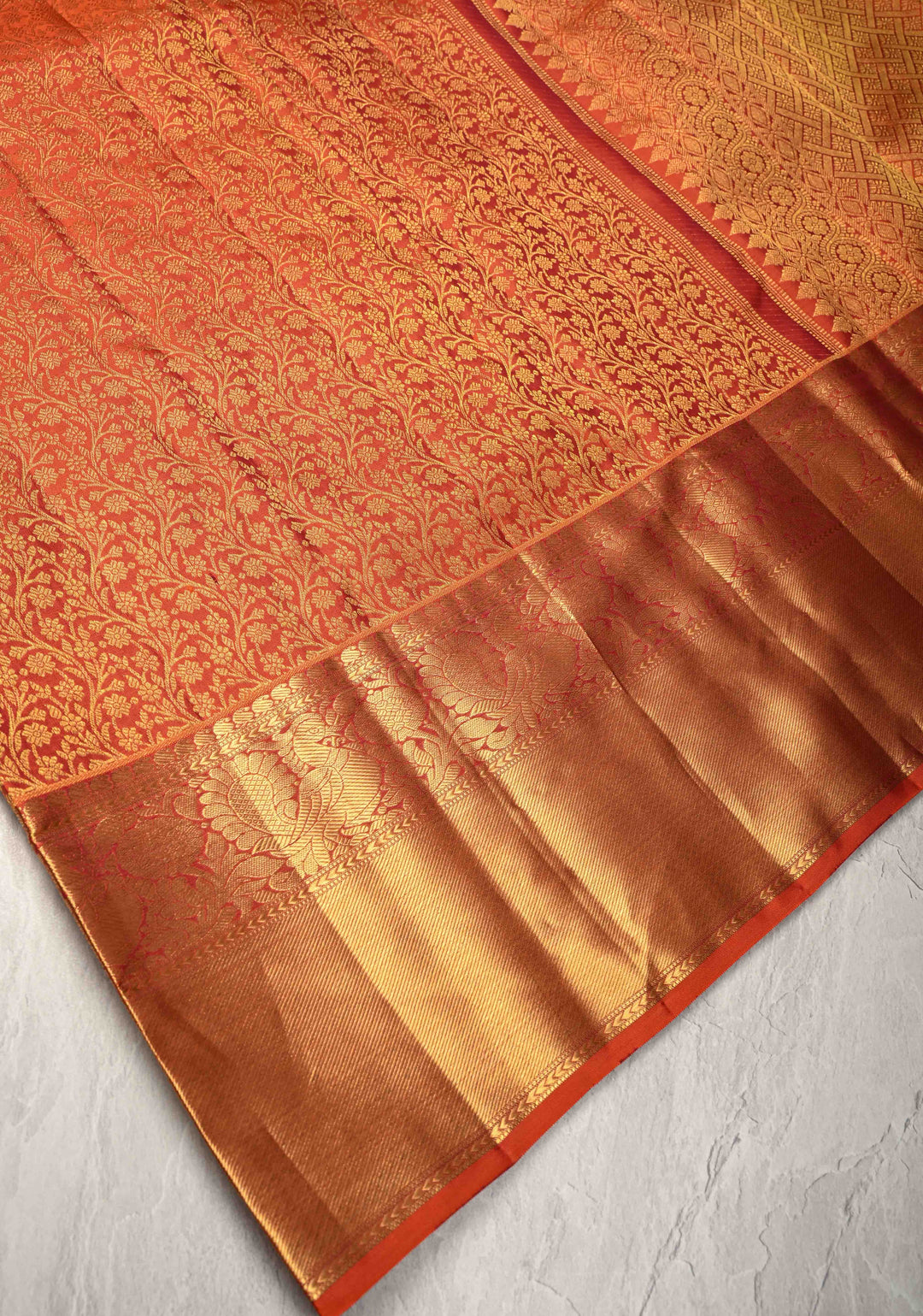 Burnt Orange Kanjivaram Floral Brocade Pure Silk Saree with Zari Border | SILK MARK CERTIFIED