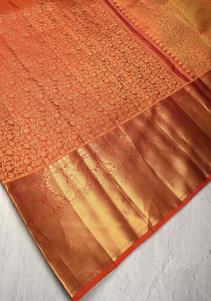 Burnt Orange Kanjivaram Floral Brocade Pure Silk Saree with Zari Border | SILK MARK CERTIFIED