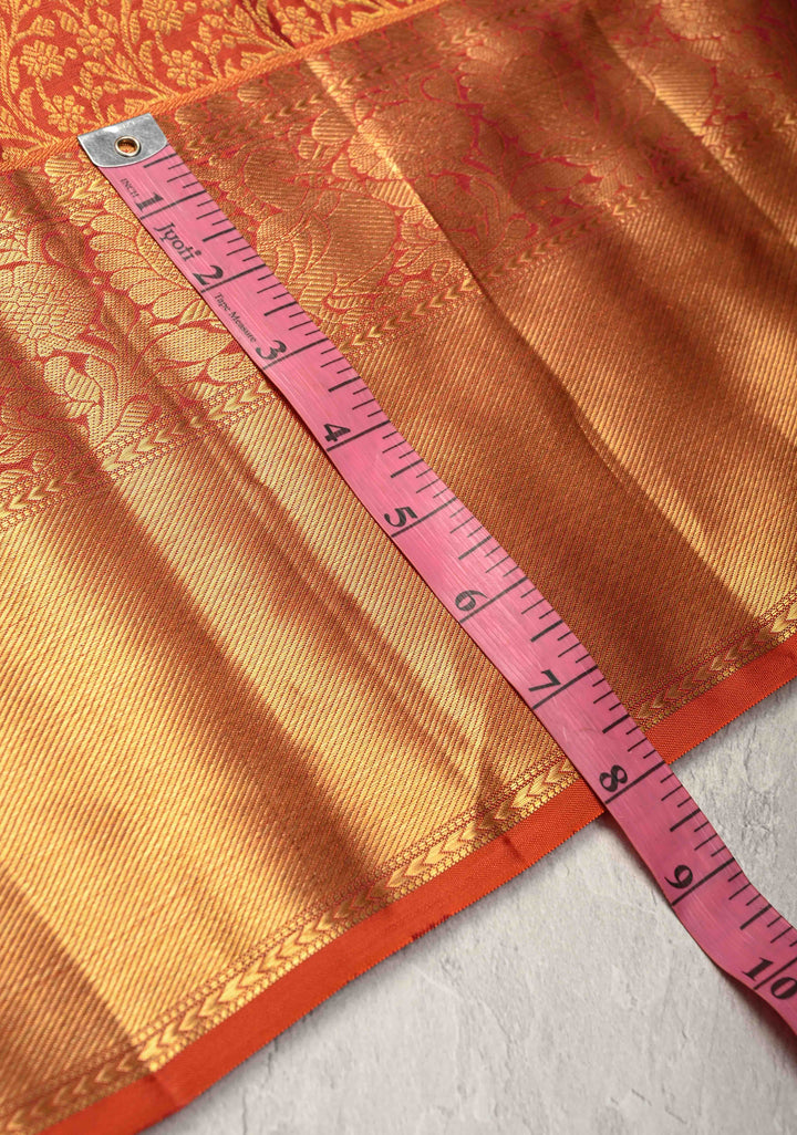 Burnt Orange Kanjivaram Floral Brocade Pure Silk Saree with Zari Border | SILK MARK CERTIFIED