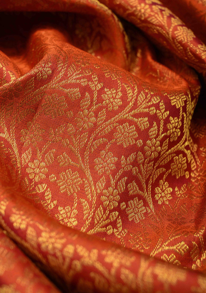 Burnt Orange Kanjivaram Floral Brocade Pure Silk Saree with Zari Border | SILK MARK CERTIFIED
