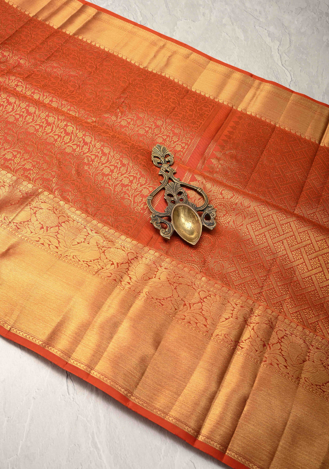 Burnt Orange Kanjivaram Floral Brocade Pure Silk Saree with Zari Border | SILK MARK CERTIFIED