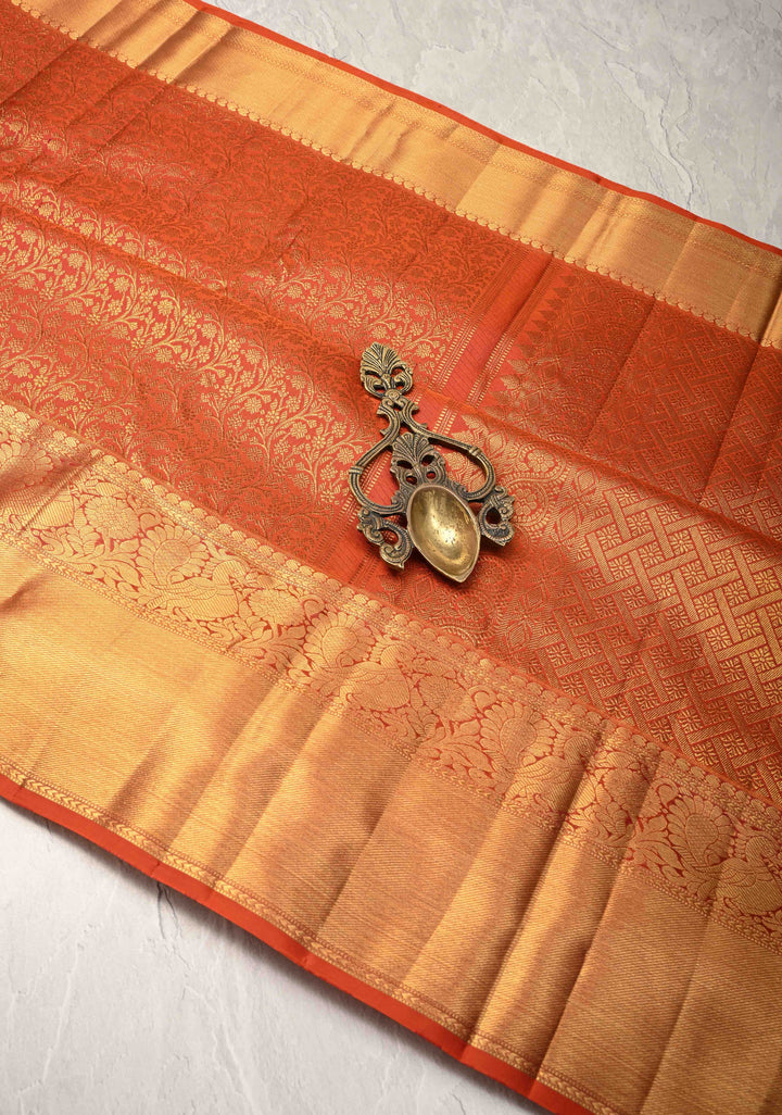 Burnt Orange Kanjivaram Floral Brocade Pure Silk Saree with Zari Border | SILK MARK CERTIFIED