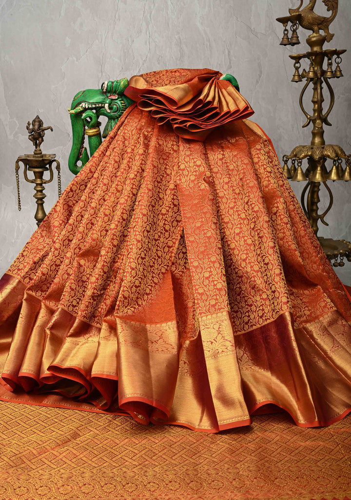 Burnt Orange Kanjivaram Floral Brocade Pure Silk Saree with Zari Border | SILK MARK CERTIFIED