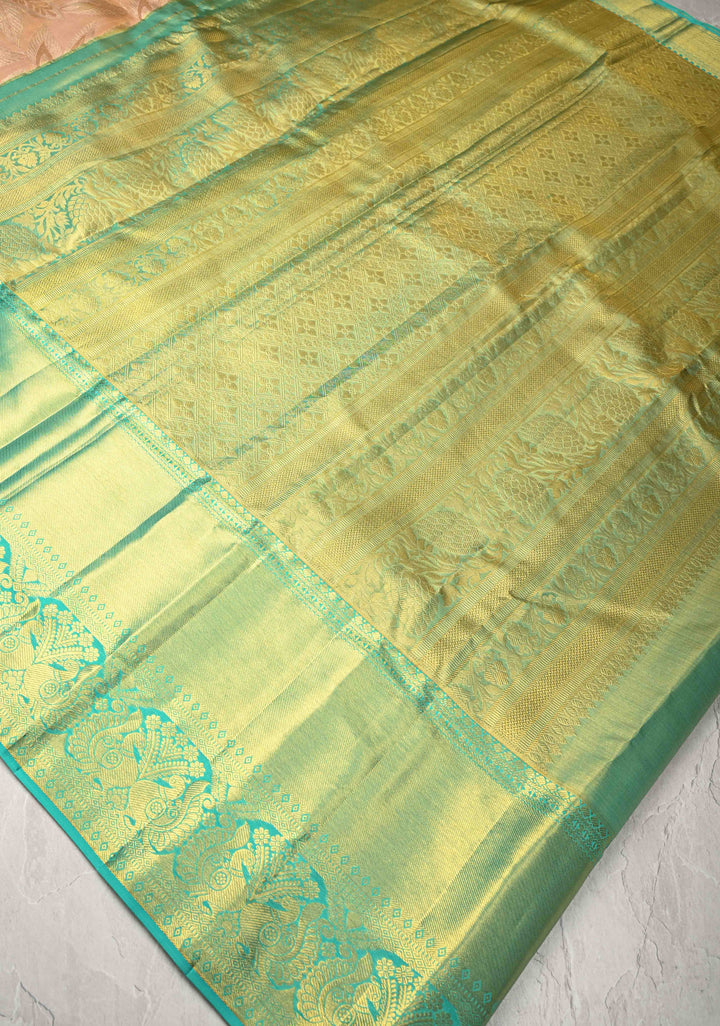 Peach Tissue Kanjivaram Pure Silk Saree with Meenakari Floral Brocade and Contrast Zari Border | SILK MARK CERTIFIED