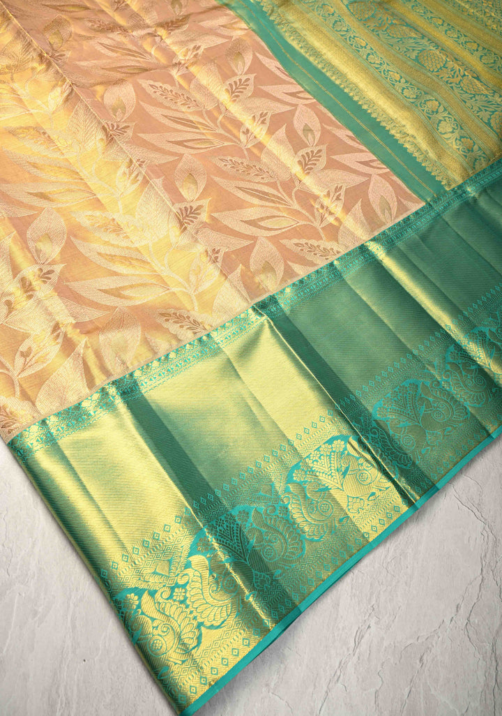 Peach Tissue Kanjivaram Pure Silk Saree with Meenakari Floral Brocade and Contrast Zari Border | SILK MARK CERTIFIED