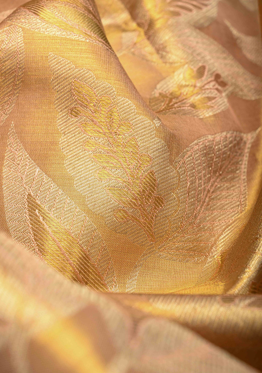 Peach Tissue Kanjivaram Pure Silk Saree with Meenakari Floral Brocade and Contrast Zari Border | SILK MARK CERTIFIED
