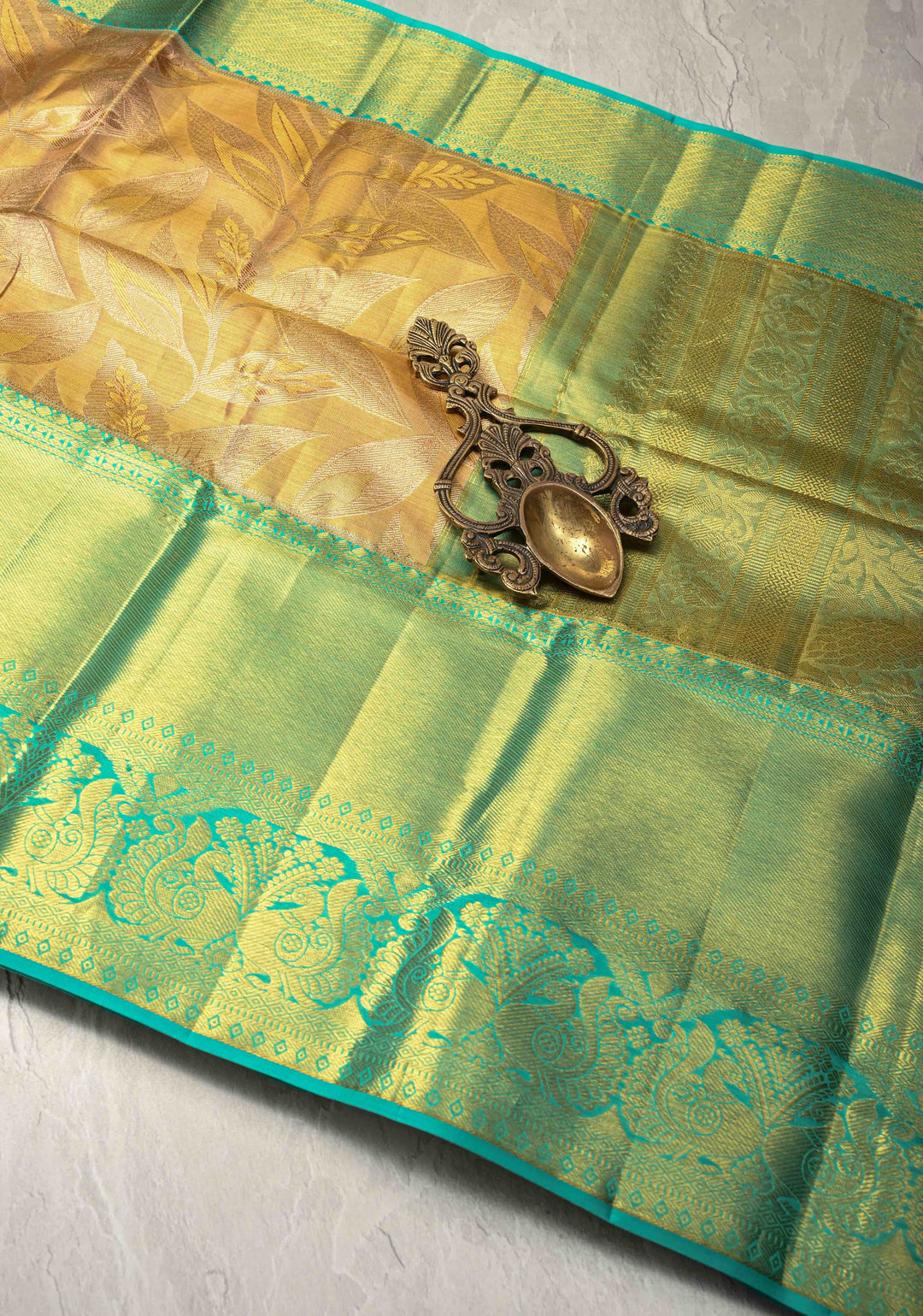 Peach Tissue Kanjivaram Pure Silk Saree with Meenakari Floral Brocade and Contrast Zari Border | SILK MARK CERTIFIED