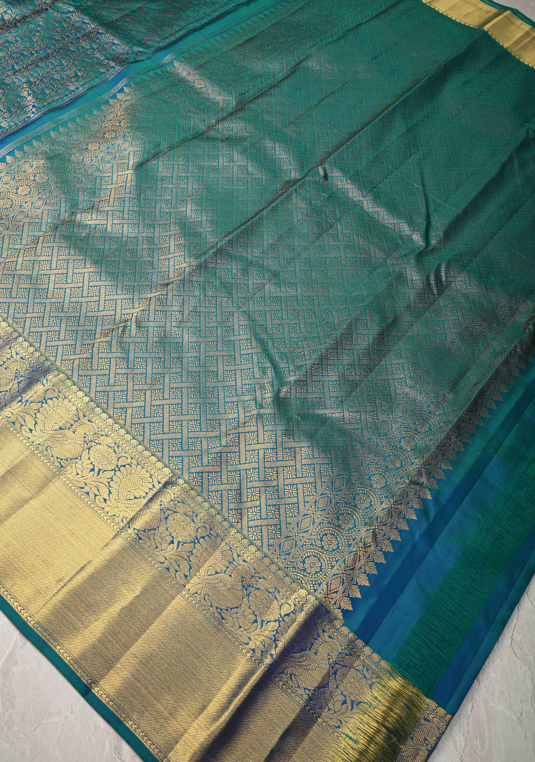 Peacock Blue Kanjivaram Pure Silk Saree with  Floral Brocade Jaal and Zari Border | SILK MARK CERTIFIED