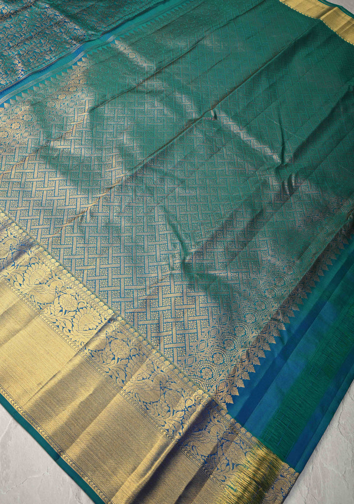Peacock Blue Kanjivaram Pure Silk Saree with  Floral Brocade Jaal and Zari Border | SILK MARK CERTIFIED
