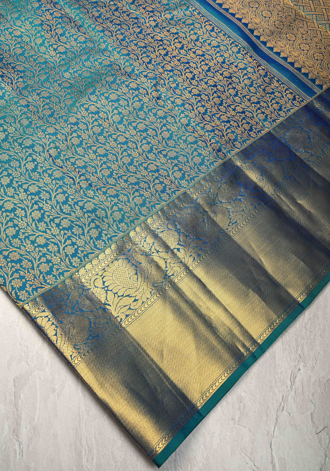 Peacock Blue Kanjivaram Pure Silk Saree with  Floral Brocade Jaal and Zari Border | SILK MARK CERTIFIED