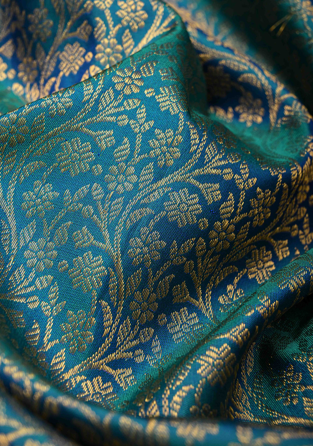 Peacock Blue Kanjivaram Pure Silk Saree with  Floral Brocade Jaal and Zari Border | SILK MARK CERTIFIED