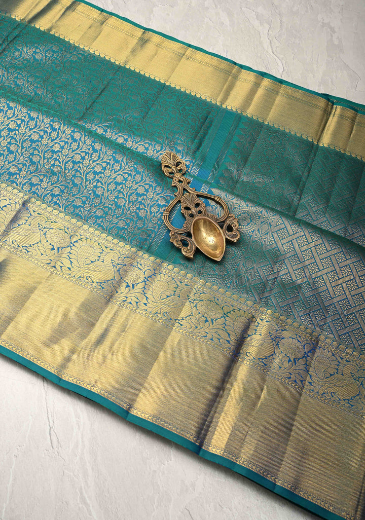 Peacock Blue Kanjivaram Pure Silk Saree with  Floral Brocade Jaal and Zari Border | SILK MARK CERTIFIED