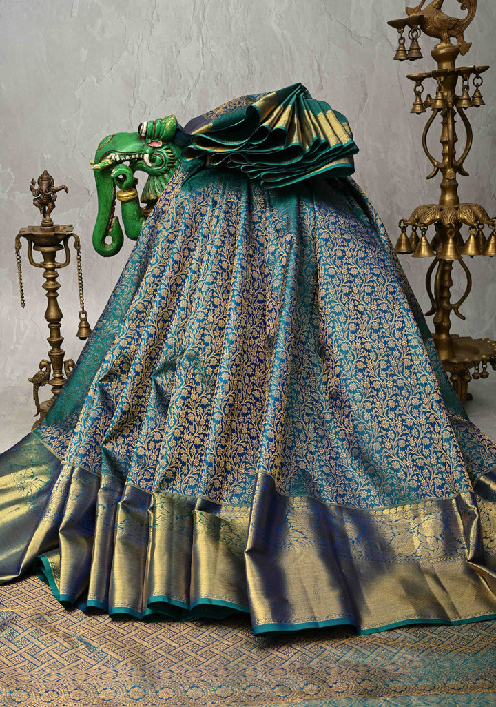 Peacock Blue Kanjivaram Pure Silk Saree with  Floral Brocade Jaal and Zari Border | SILK MARK CERTIFIED