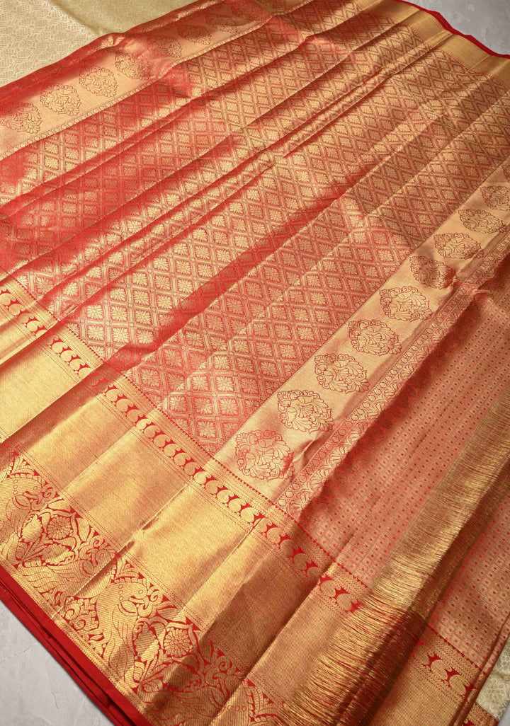 Ivory Tissue  Kanjivaram Pure Silk Saree with Floral Brocade and Contrst Zari Border | SILK MARK CERTIFIED