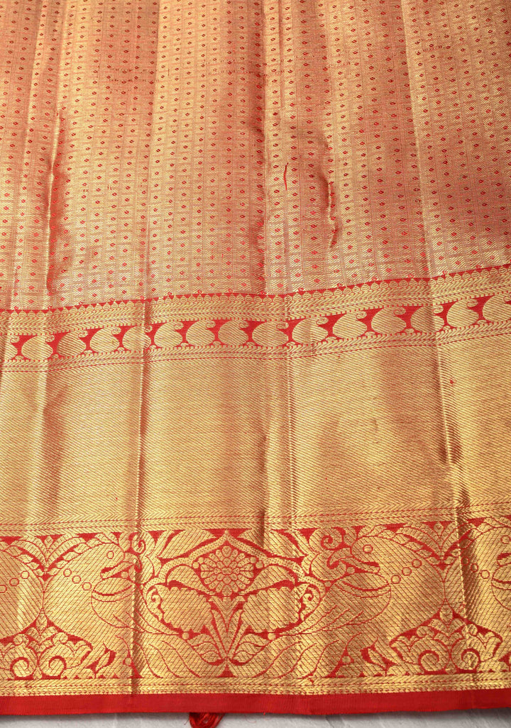 Ivory Tissue  Kanjivaram Pure Silk Saree with Floral Brocade and Contrst Zari Border | SILK MARK CERTIFIED