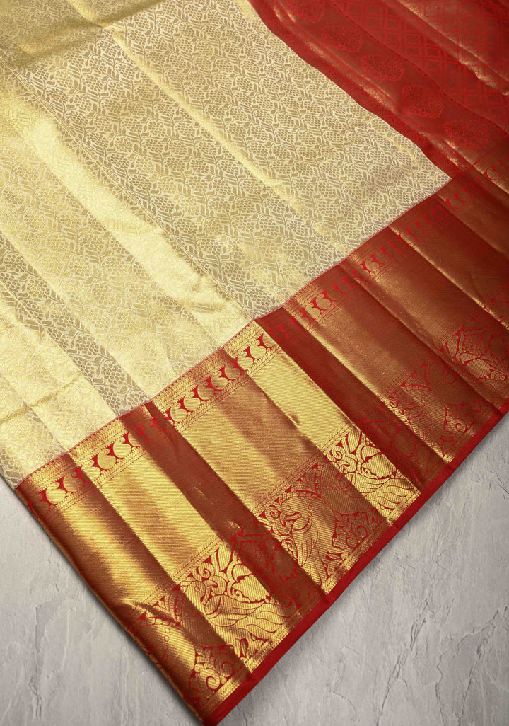 Ivory Tissue  Kanjivaram Pure Silk Saree with Floral Brocade and Contrst Zari Border | SILK MARK CERTIFIED