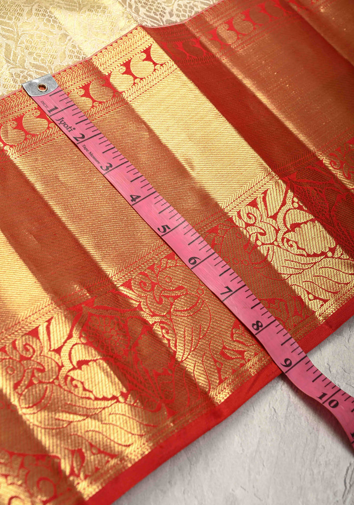 Ivory Tissue  Kanjivaram Pure Silk Saree with Floral Brocade and Contrst Zari Border | SILK MARK CERTIFIED