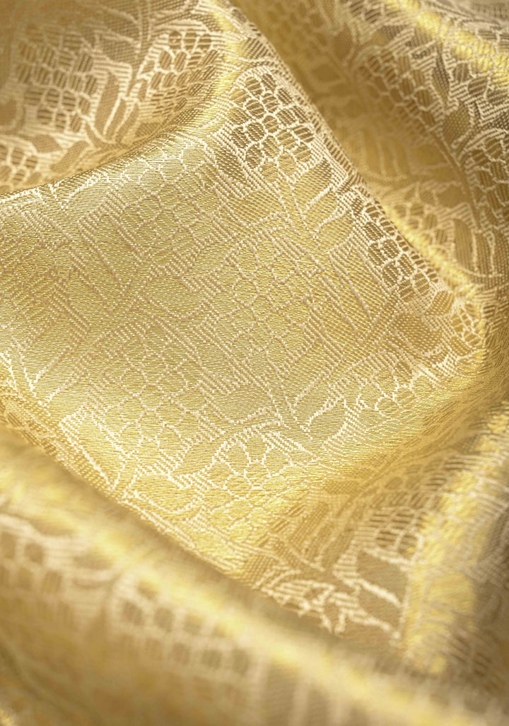 Ivory Tissue  Kanjivaram Pure Silk Saree with Floral Brocade and Contrst Zari Border | SILK MARK CERTIFIED