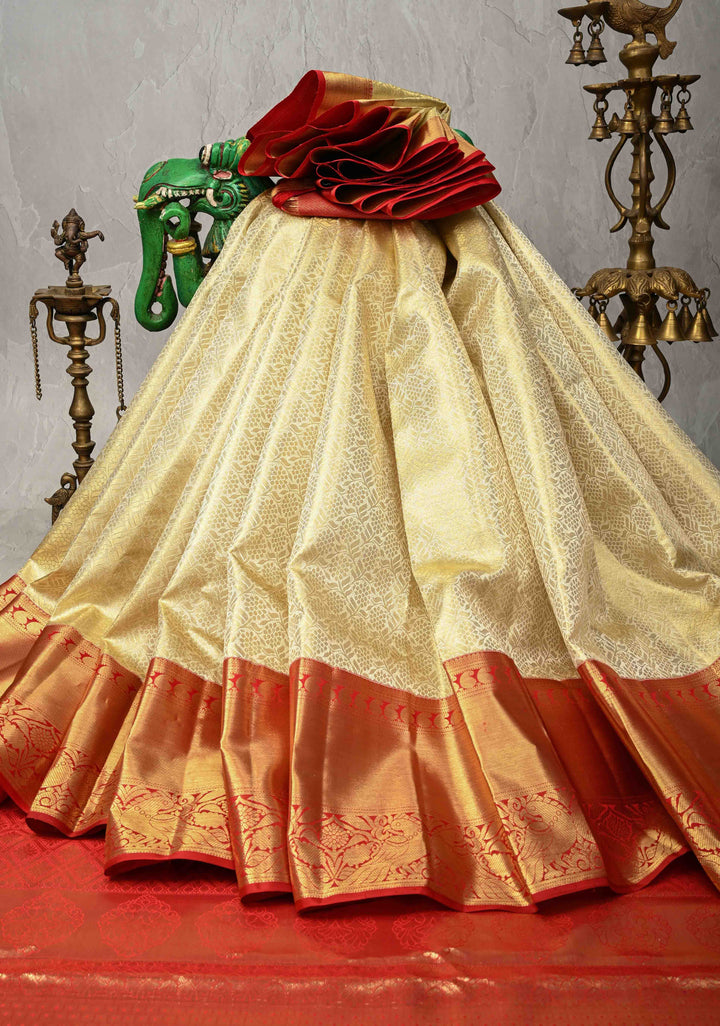 Ivory Tissue  Kanjivaram Pure Silk Saree with Floral Brocade and Contrst Zari Border | SILK MARK CERTIFIED