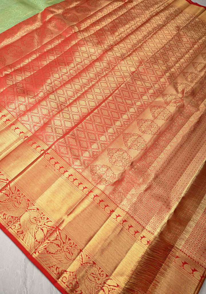 Korvai Pista Green Tissue  Kanjivaram Pure Silk Saree with Floral Brocade and Red Korvai  Zari Border | SILK MARK CERTIFIED