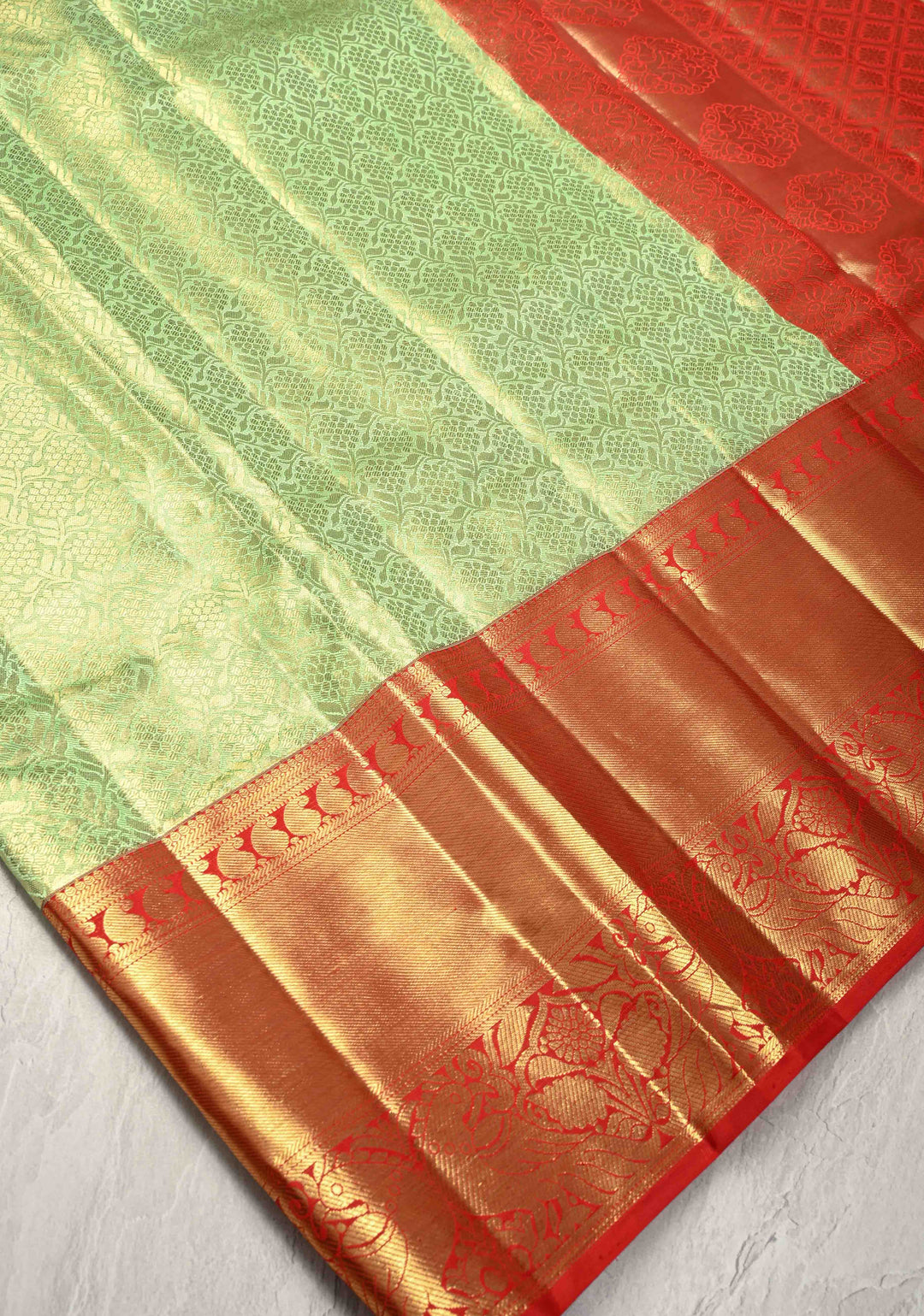 Korvai Pista Green Tissue  Kanjivaram Pure Silk Saree with Floral Brocade and Red Korvai  Zari Border | SILK MARK CERTIFIED