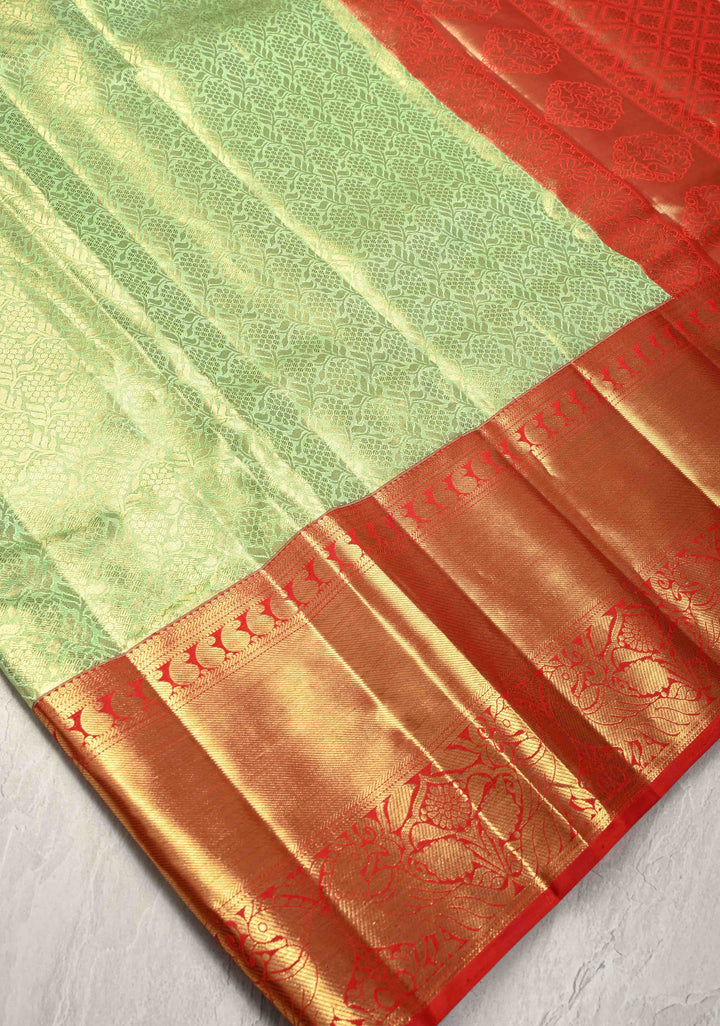 Korvai Pista Green Tissue  Kanjivaram Pure Silk Saree with Floral Brocade and Red Korvai  Zari Border | SILK MARK CERTIFIED
