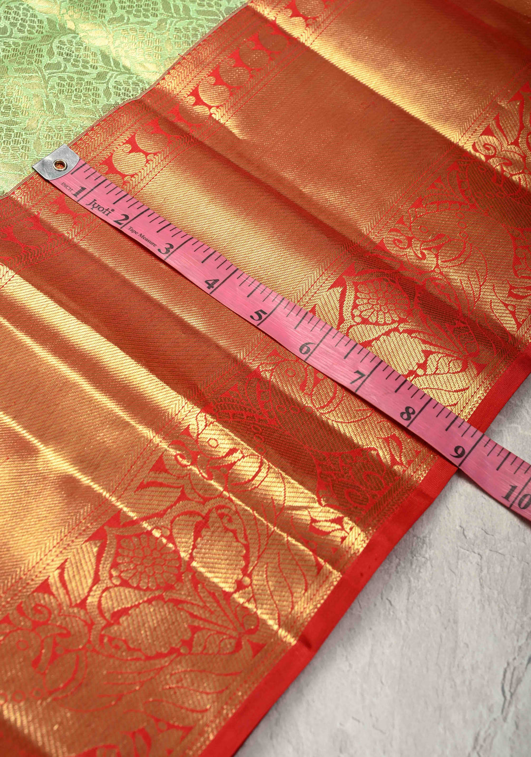 Korvai Pista Green Tissue  Kanjivaram Pure Silk Saree with Floral Brocade and Red Korvai  Zari Border | SILK MARK CERTIFIED