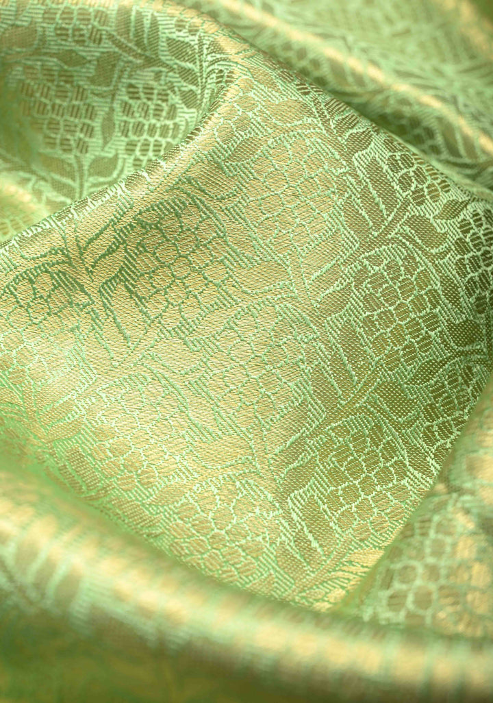 Korvai Pista Green Tissue  Kanjivaram Pure Silk Saree with Floral Brocade and Red Korvai  Zari Border | SILK MARK CERTIFIED