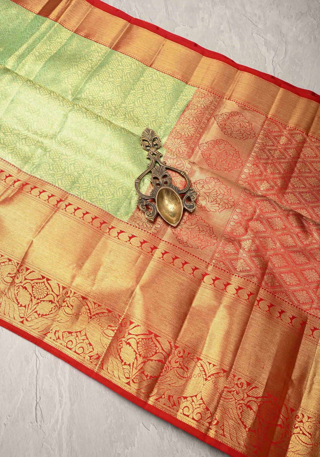 Korvai Pista Green Tissue  Kanjivaram Pure Silk Saree with Floral Brocade and Red Korvai  Zari Border | SILK MARK CERTIFIED