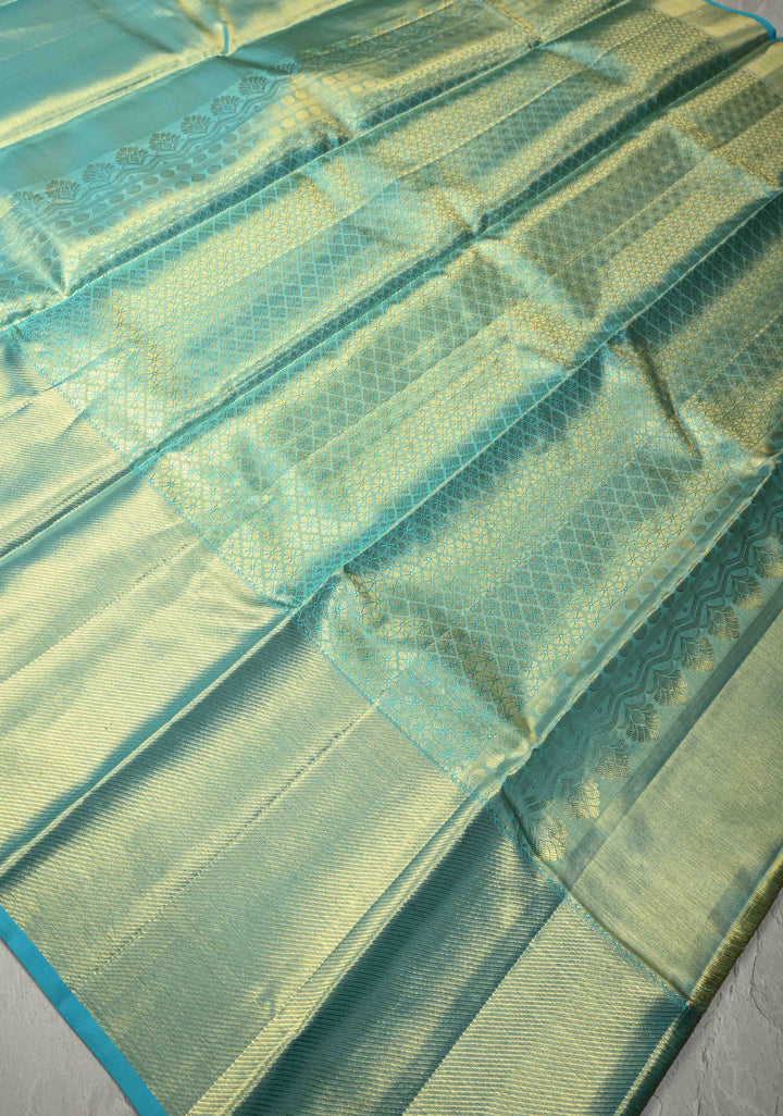Turquoise Tissue Kanjivaram Pure Silk Saree with Brocade and Zari Border | SILK MARK CERTIFIED