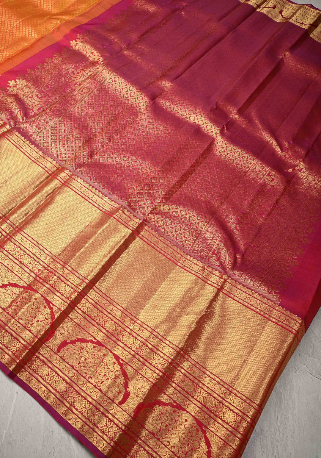 Peach Orange Pure Kanjivaram Silk Saree with Zari Brocade and Contrast Wide Zari Border | SILK MARK CERTIFIED