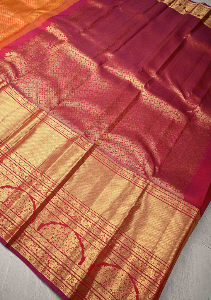 Peach Orange Pure Kanjivaram Silk Saree with Zari Brocade and Contrast Wide Zari Border | SILK MARK CERTIFIED