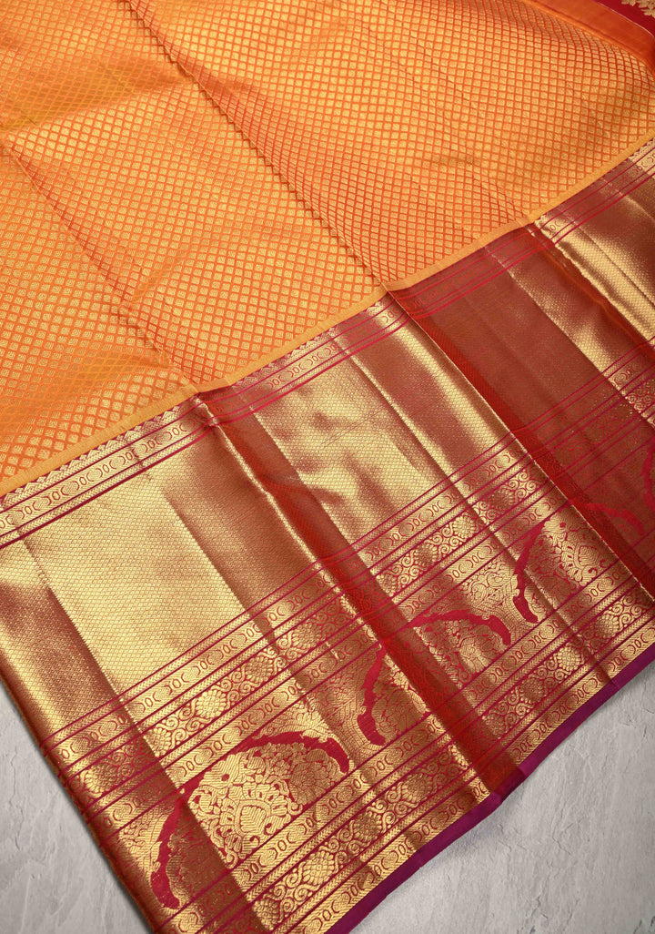 Peach Orange Pure Kanjivaram Silk Saree with Zari Brocade and Contrast Wide Zari Border | SILK MARK CERTIFIED