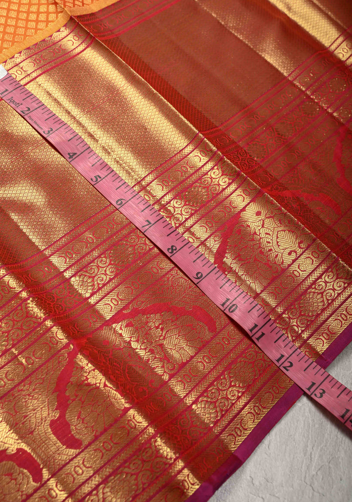 Peach Orange Pure Kanjivaram Silk Saree with Zari Brocade and Contrast Wide Zari Border | SILK MARK CERTIFIED
