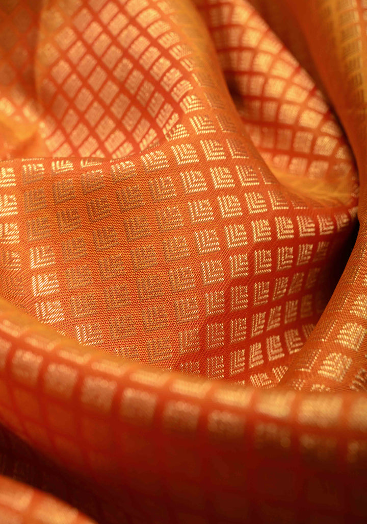 Peach Orange Pure Kanjivaram Silk Saree with Zari Brocade and Contrast Wide Zari Border | SILK MARK CERTIFIED