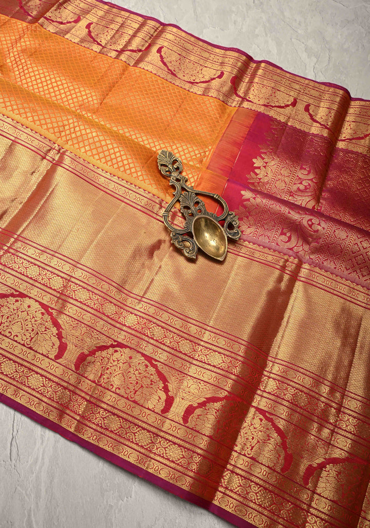 Peach Orange Pure Kanjivaram Silk Saree with Zari Brocade and Contrast Wide Zari Border | SILK MARK CERTIFIED