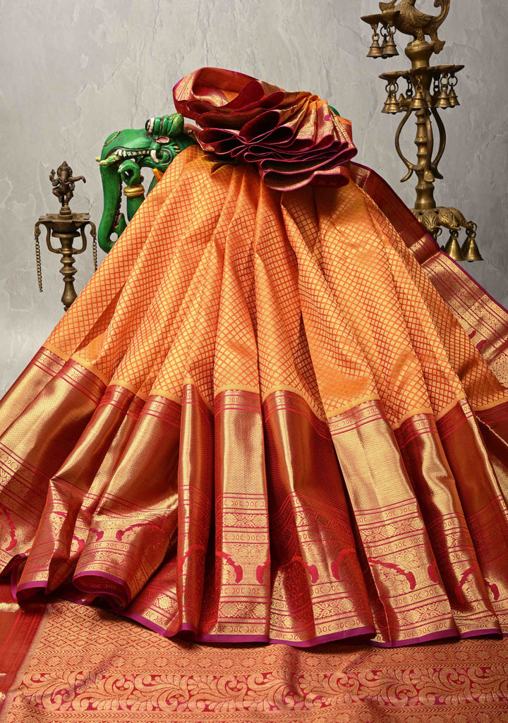 Peach Orange Pure Kanjivaram Silk Saree with Zari Brocade and Contrast Wide Zari Border | SILK MARK CERTIFIED