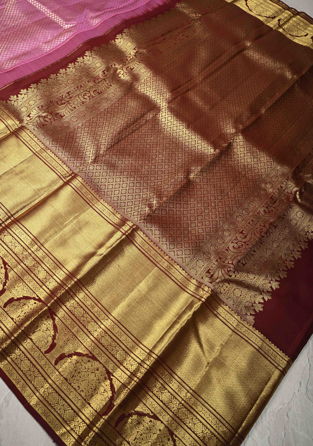 Onion Pink Pure Kanjivaram Silk Saree with Zari Brocade and Contrast Wide Zari Border | SILK MARK CERTIFIE