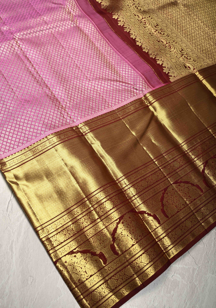 Onion Pink Pure Kanjivaram Silk Saree with Zari Brocade and Contrast Wide Zari Border | SILK MARK CERTIFIE