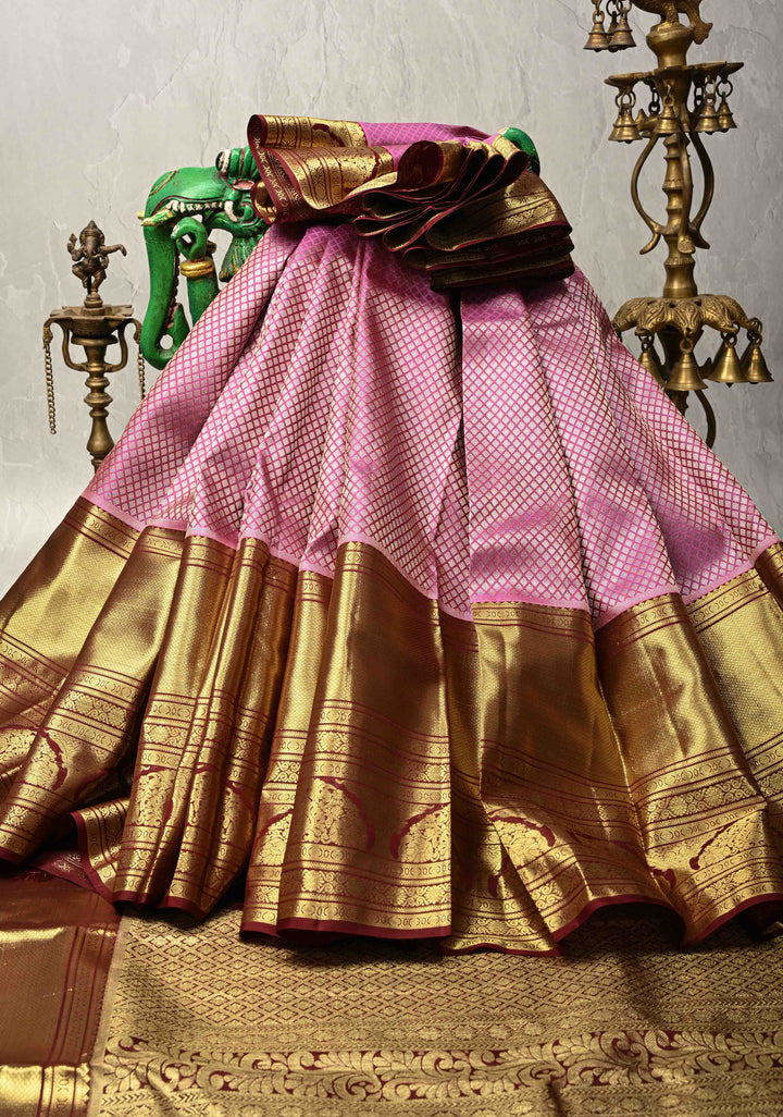 Onion Pink Pure Kanjivaram Silk Saree with Zari Brocade and Contrast Wide Zari Border | SILK MARK CERTIFIE