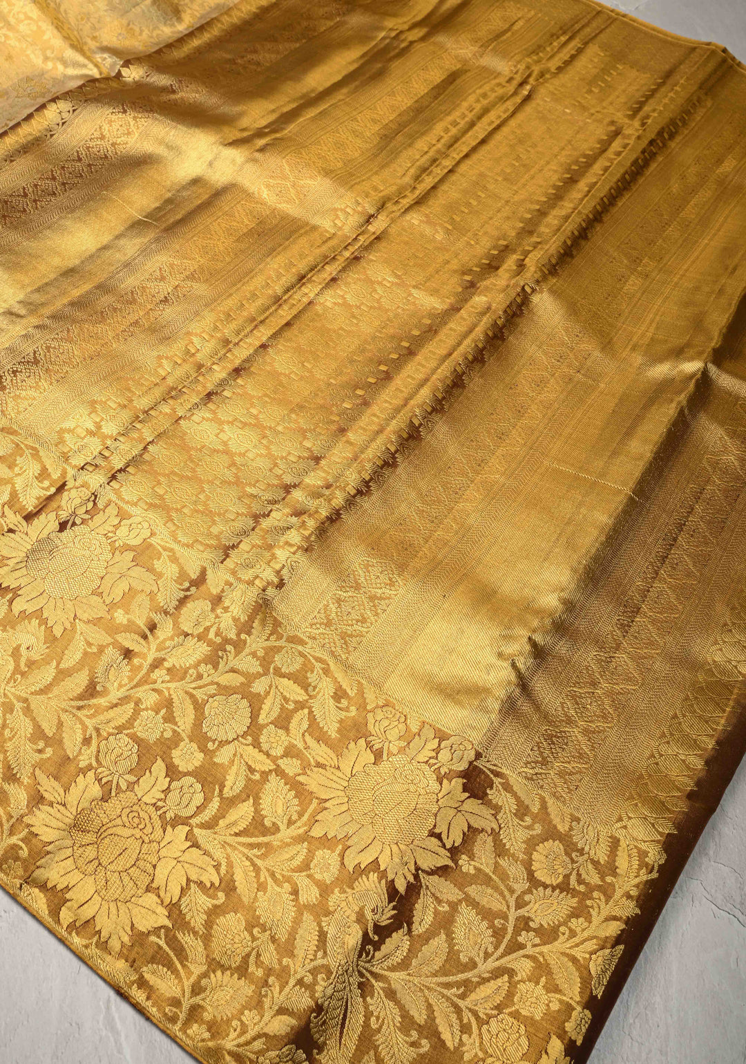 Gold Tissue Kanjivaram Pure Silk Saree with Meenakari Floral Brocade Jaal and Border | SILK MARK CERTIFIED