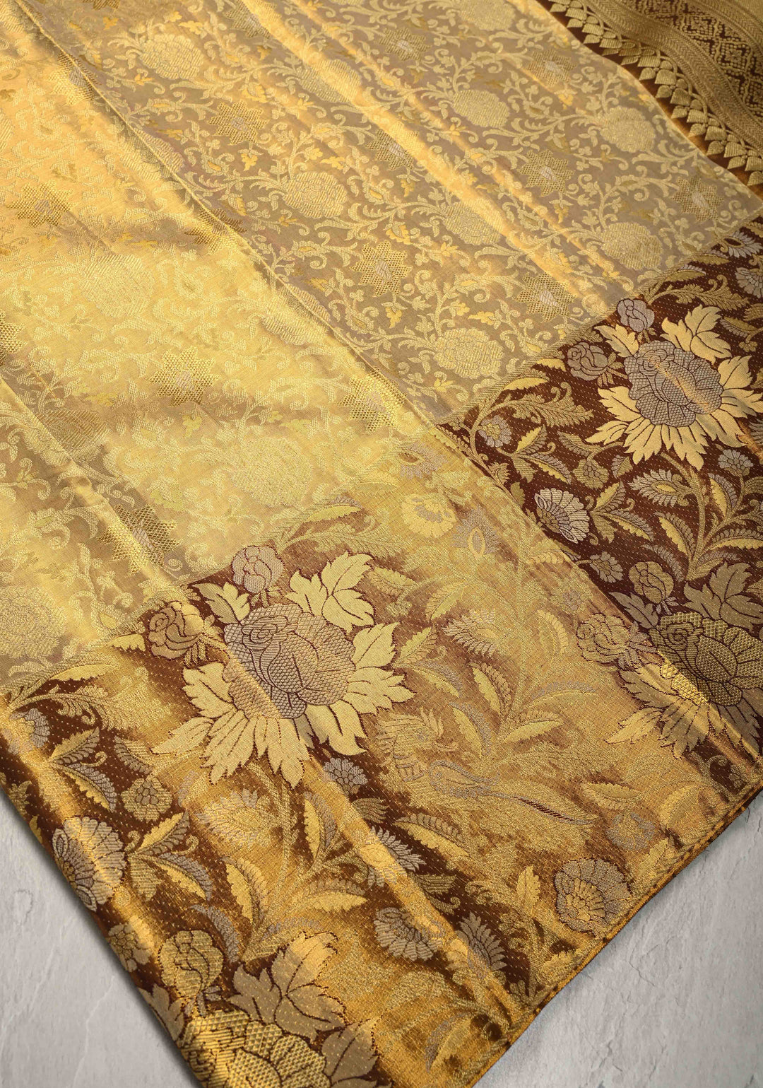Gold Tissue Kanjivaram Pure Silk Saree with Meenakari Floral Brocade Jaal and Border | SILK MARK CERTIFIED