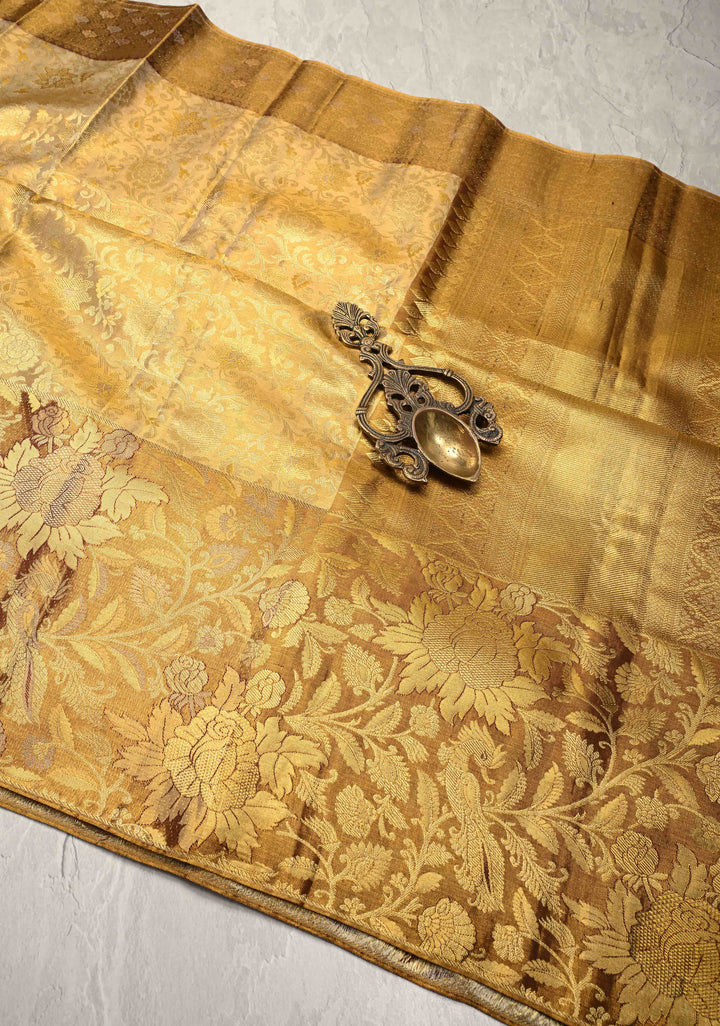 Gold Tissue Kanjivaram Pure Silk Saree with Meenakari Floral Brocade Jaal and Border | SILK MARK CERTIFIED