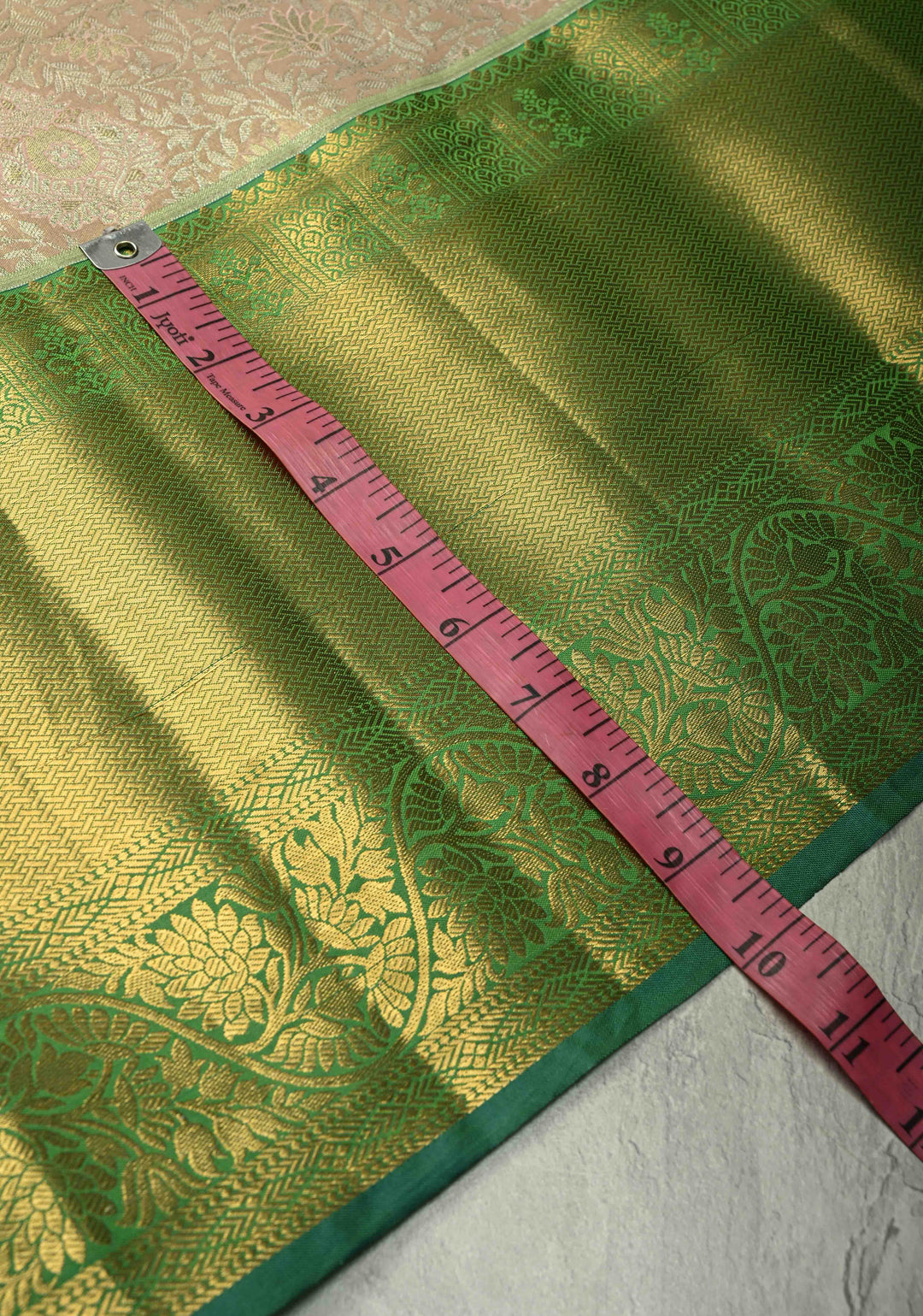 Light Peach Kanjivaram Tissue Semi Silk Saree with Meenakari Floral Brocade Jaal and Contrast Wide Zari Border